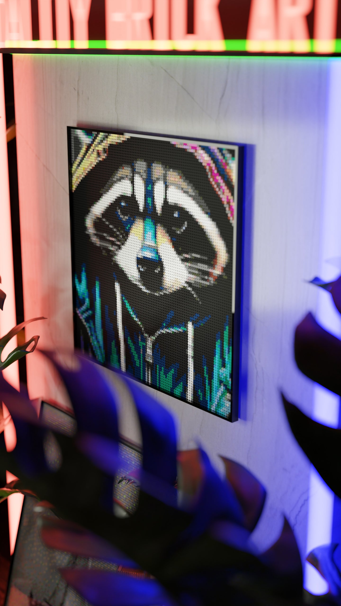 Raccoonaissance LEGO® Style mosaic wall art made from colorful plastic bricks